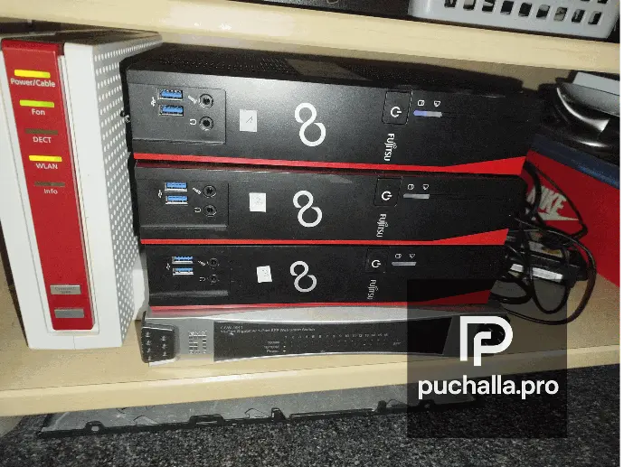 Das ist puchalla.pro "Mega-Server-Cluster" mit individuell Angepasster Open-Source-Software für max. Ressourcen auslastung, höster Erreichbarkeit (HA), Ausfallsicherheit für unsere Fallstudie (Hardwarekosten 70€ inkl. 16 Port Marken-Switch). Alles möglich durch liezenzkostenfreie linux-Software und Virtualisierung.
